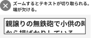 「バツ ズームするとテキストが切り取られる。端が欠ける」と書かれている下に、テキストボックスがある。テキストボックスの中は、「親譲りの無鉄砲で子供の」までは読めるが、その先は字が切れてしまっていて読めない